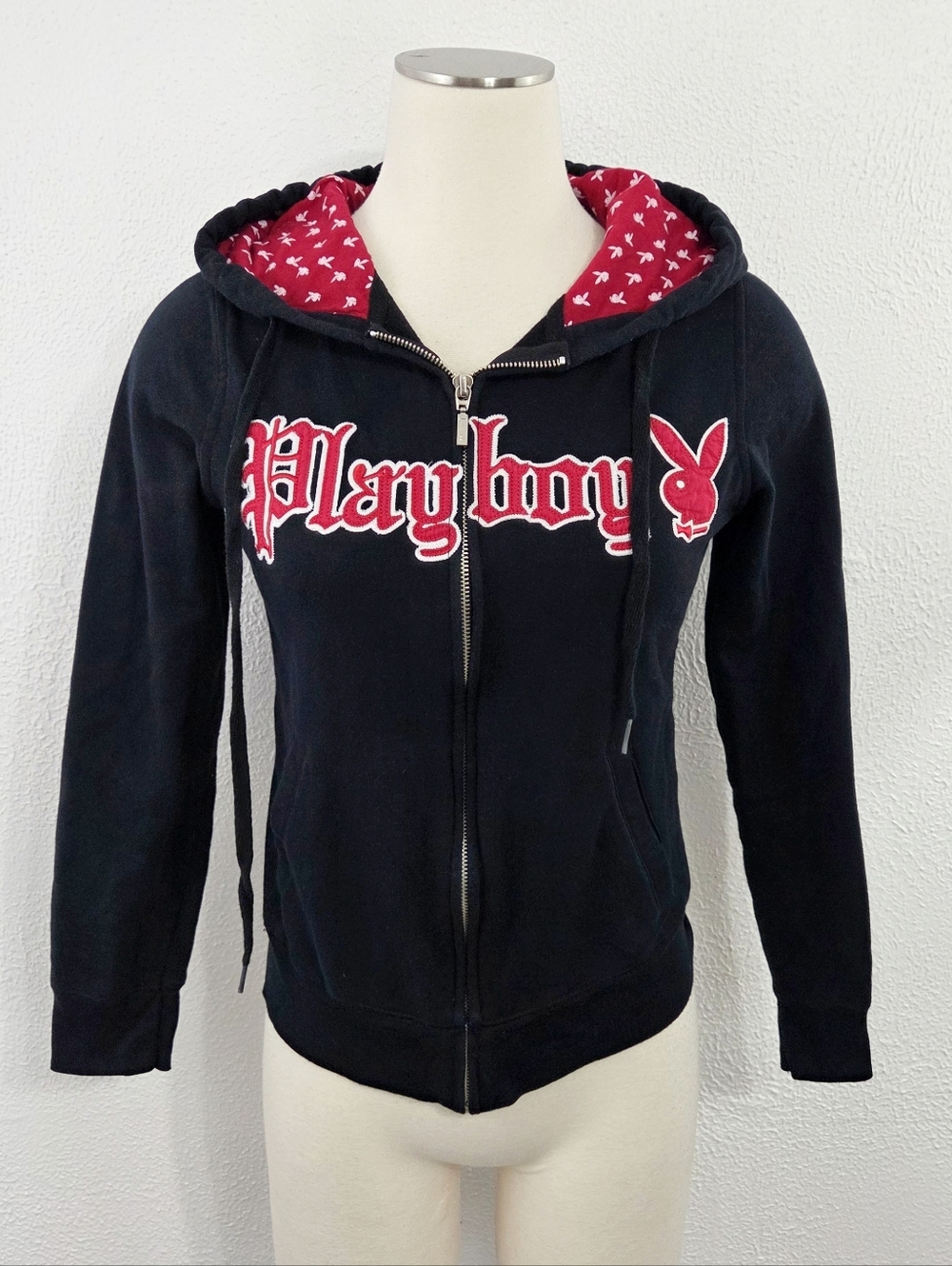 Vintage Playboy hoodie 2000s Y2K black red spellout logo zip women's medium M - Picture 1 of 5